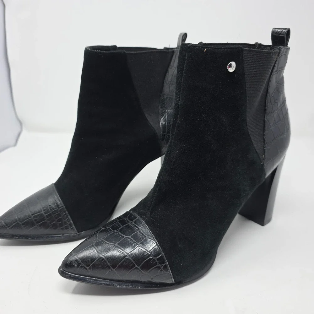 Azaleia Black Suede Ankle Boots Croc Embossed Toe Block Heel Womens‎ 10M
